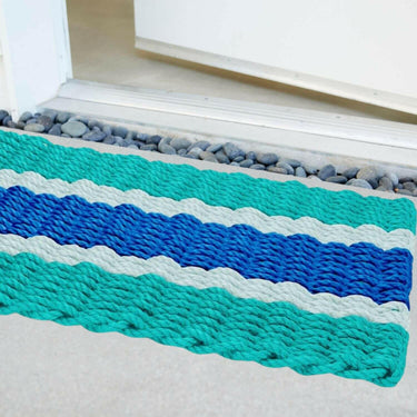 Lobster Rope Doormats, Outdoor Door Mats, Wicked Good Door Mats Made in Maine, Teal, Seafoam, Blue, Angled View in Front Door